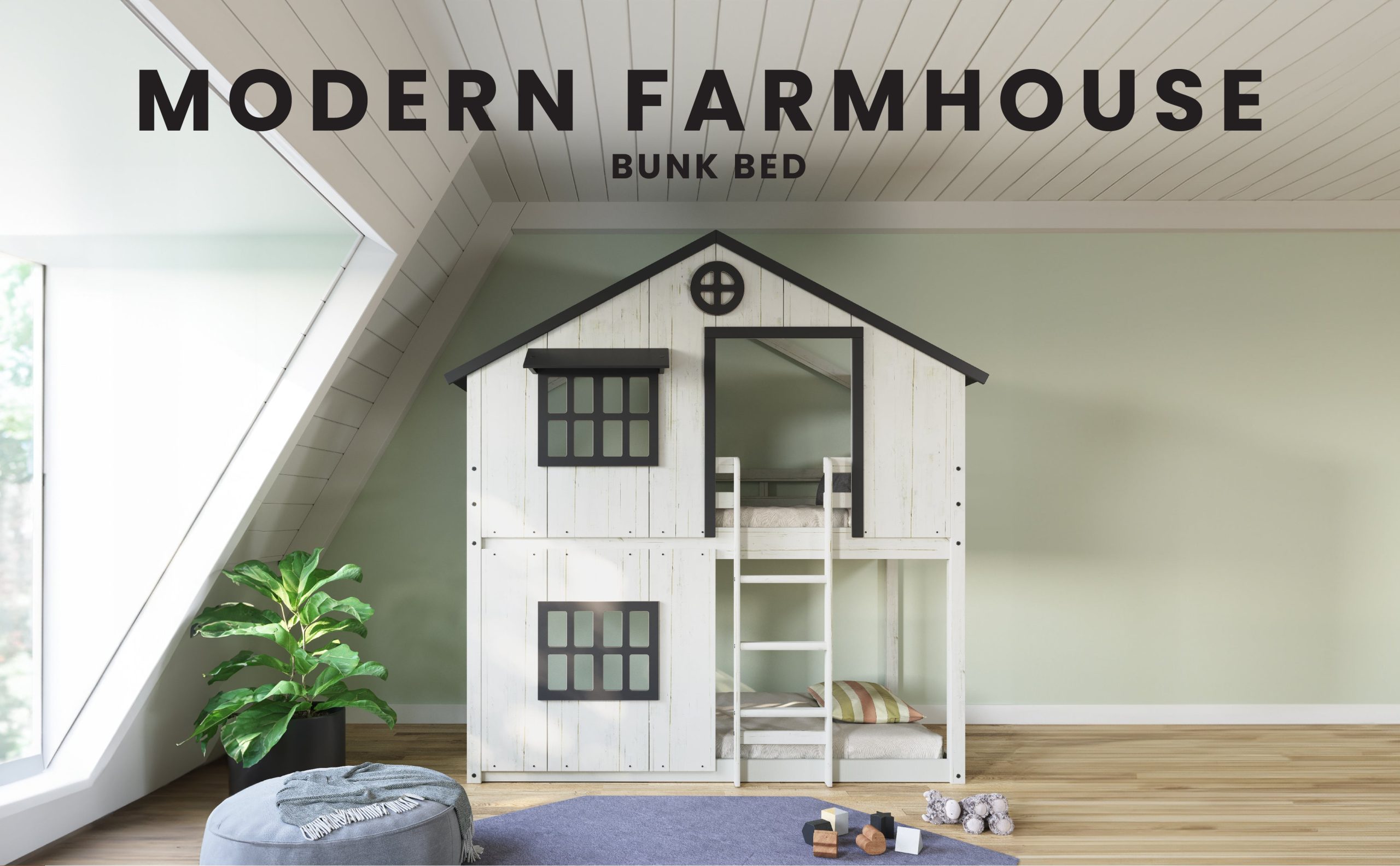 Modern Farmhouse Twin Over Twin Bunk Bed. White/Black - Image 10